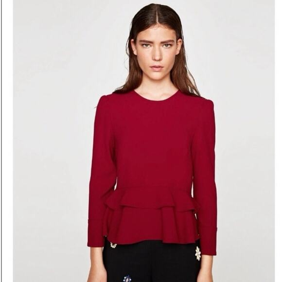 Zara Red Tiered Ruffle Peplum Long Sleeve Crew Neck Formal Shirt Blouse Top Sz M - Picture 1 of 11